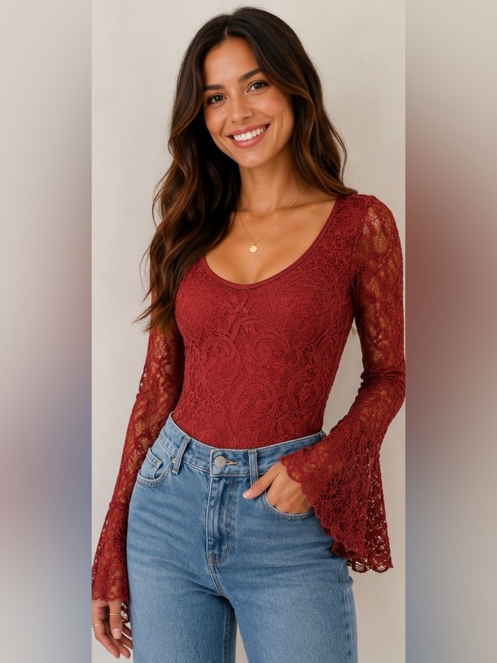 Charlotte Russe Lace Bell Sleeve Bodysuit‎ | Size Small | Rust Burgundy